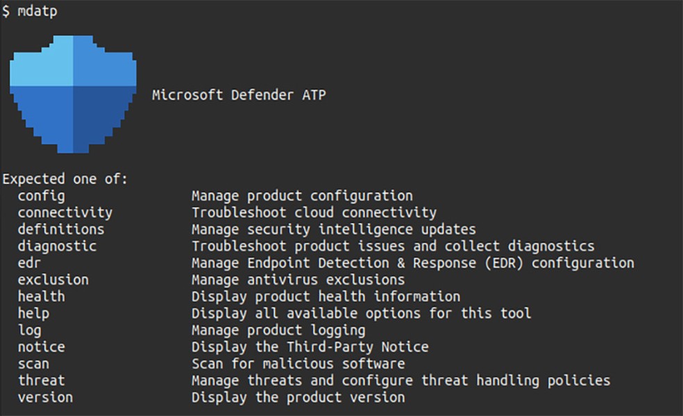 Interface em linha de comando do Microsoft Defender ATP no Linux.  — Foto: Reprodução/Microsoft