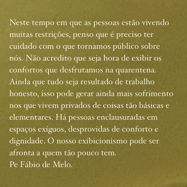 Padre Fábio de Melo faz reflexão sobre ostentação de riqueza em meio à quarentena (Foto: Reprodução/Instagram)