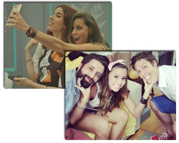 A atriz com a blogueira Camila Coutinho e com os companheiros de trabalho Gregório Duvivier e Fabio Porchat (Foto: Reprodução/Instagram)