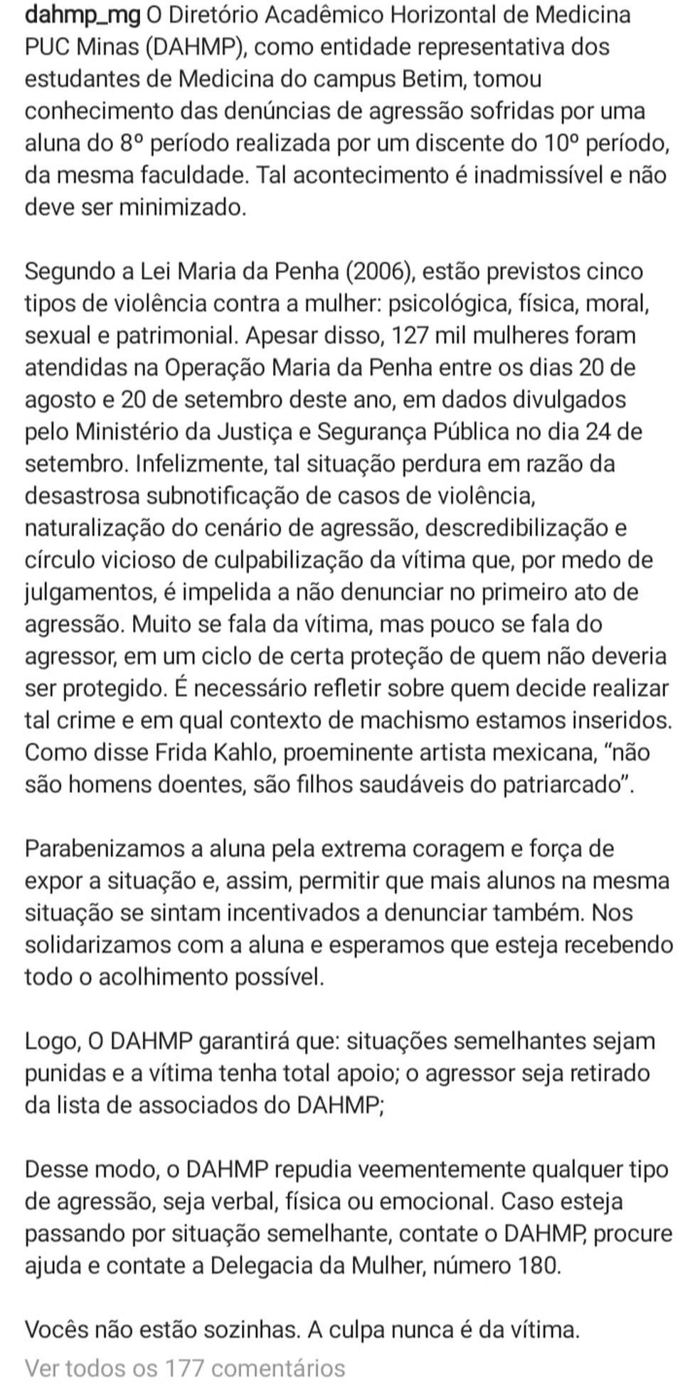 Diretório acadêmico da PUC Betim divulga nota de repúdio a agressões contra aluna de medicina — Foto: Redes sociais