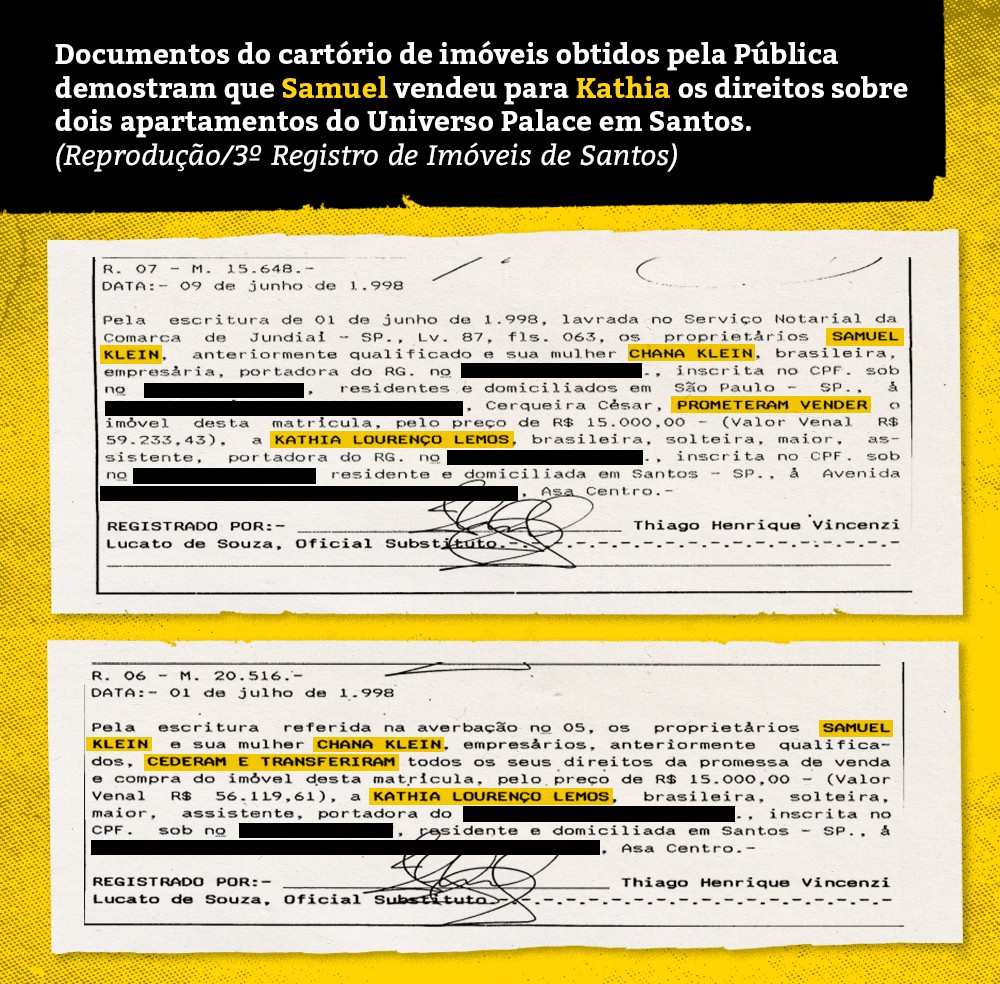 Documentos do cartório de imóveis sobre venda de dois apartamentos do Universo Palace (Foto: Caco Bressane/Agência Pública)