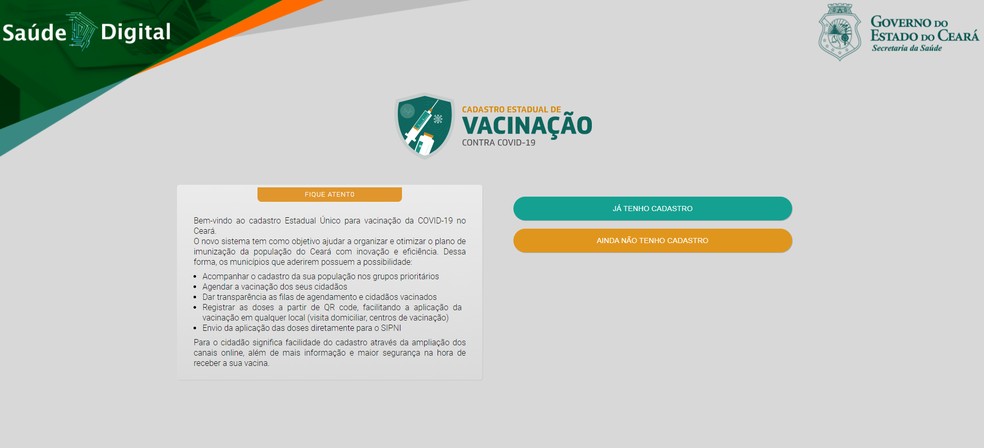 Plataforma Saúde Digital do Ceará reúne cadastros para vacinação contra Covid-19. — Foto: Sesa/Reprodução