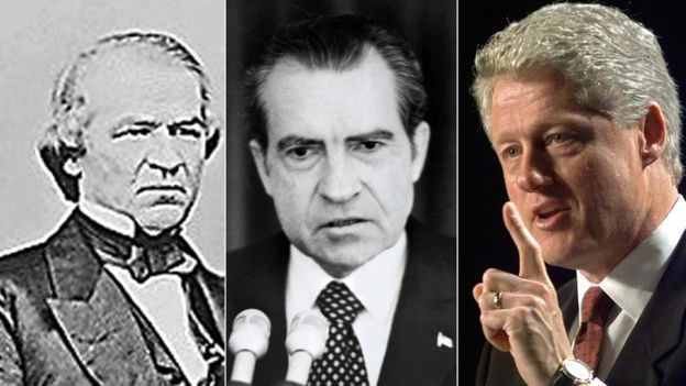 BBC - Andrew Johnson (esq), Bill Clinton (dir) foram impedidos e depois absolvidos no Senado; Richard Nixon (centro) renunciou antes de passar pelo processo (Foto: Getty Images via BBC News)