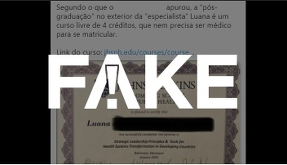 É #FAKE que epidemiologista Luana Araújo mentiu na CPI sobre formação acadêmica nos Estados Unidos — Foto: Reprodução