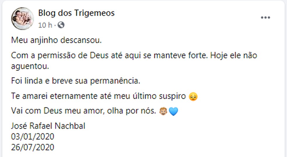 Talita publicou uma homenagem ao filho no Blog dos Trigêmeos — Foto: Facebook/Reprodução