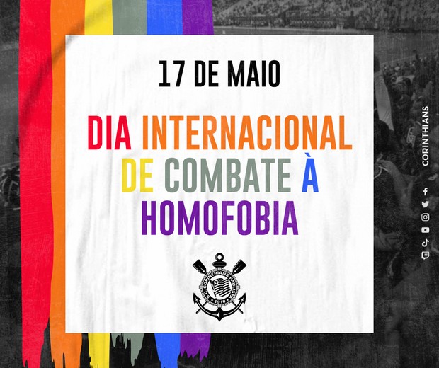A conta oficial Corinthians fez em apoio ao Dia Internacional de Combate à Homofobia e apagou a cor verde da bandeira LGBTQIA+ (Foto: Reprodução / Twitter)