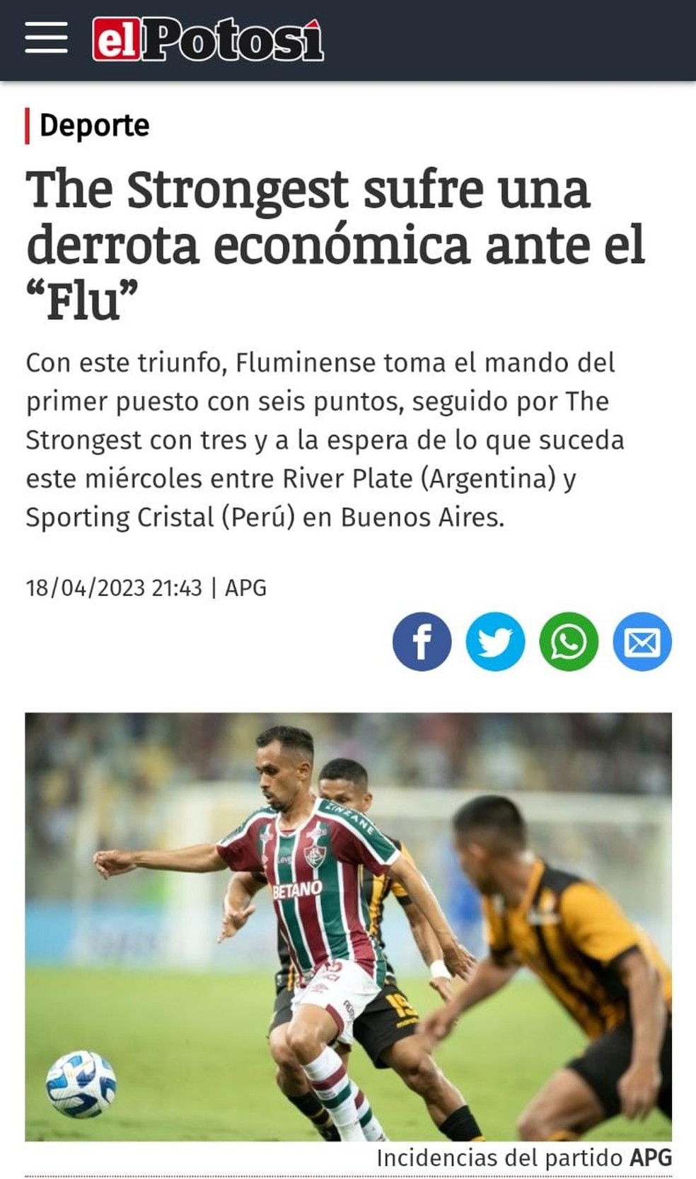 El Potosí, da Bolívia, repercute derrota do The Strongest para o Fluminense — Foto: Reprodução