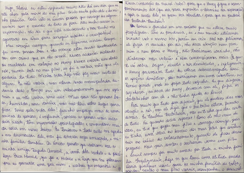 Caso Henry Borel: carta de Monique Medeiros (parte 1) — Foto: Reprodução