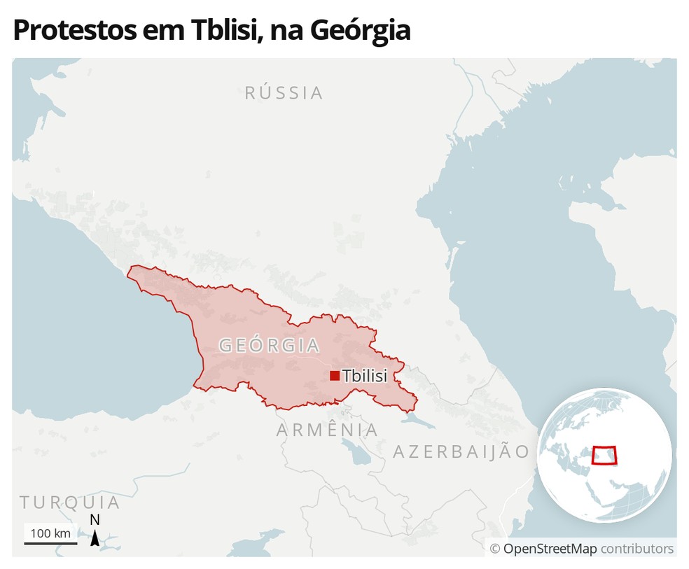 Mapa identifica a cidade de Tblisi, na Geórgia, onde manifestantes protestaram após prisão de opositor — Foto: G1 Mundo