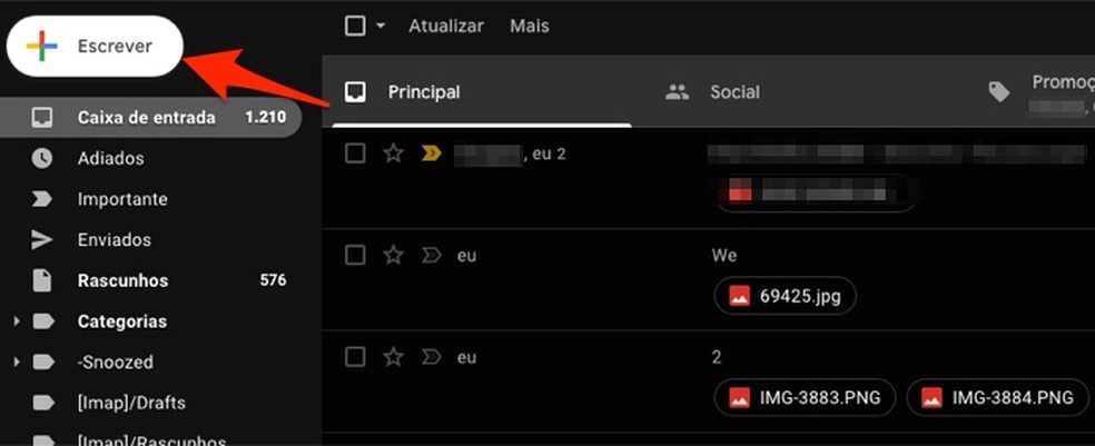 Ação para iniciar o rascunho de e-mail no Gmail — Foto: Reprodução/Marvin Costa