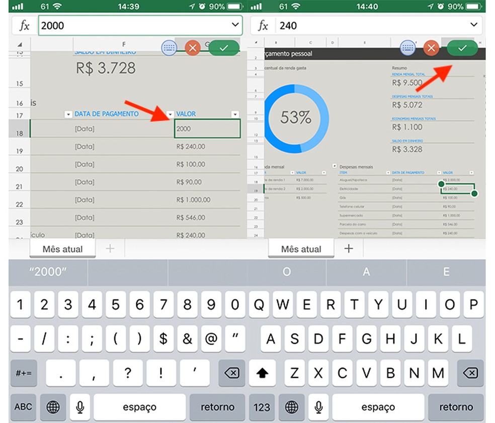 Adicionando valores e fechando a tela de edição para um modelo de planilha do Microsoft Excel (Foto: Reprodução/Marvin Costa)