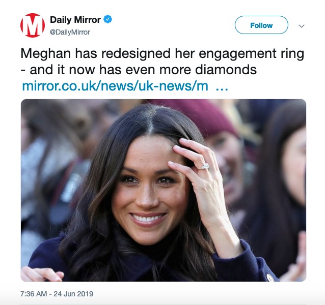 O tuíte do jornal Daily Mail chamando atenção para a reforma na aliança da atriz e duquesa Meghan Markle (Foto: Twitter)