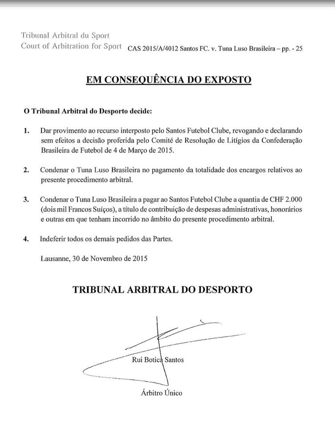 Documento, Corte Arbitral do Esporte, Ganso, Santos (Foto: Reprodução)