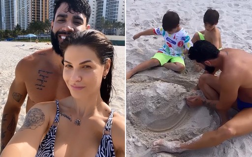 Andressa Suita e Gusttavo Lima curtem praia de Miami com os filhos; vídeos