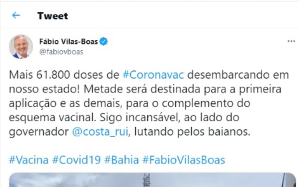Secretário de Saúde da BA anuncia chegada de novo lote com mais de 61 mil doses da CoronaVac nesta sexta-feira — Foto: Reprodução/Redes Sociais