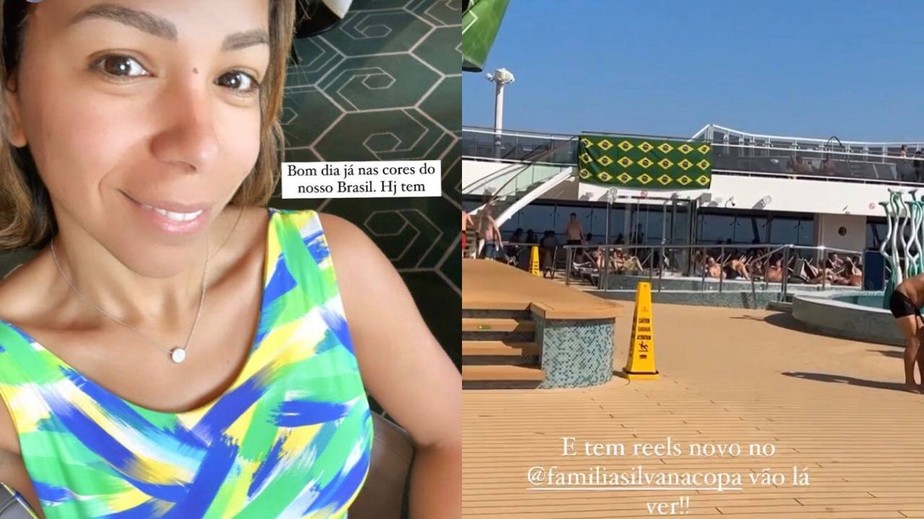 Em dia de jogo, Belle Silva estende 'bandeirão' do Brasil em piscina de hotel