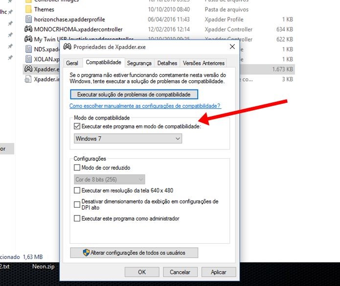 Modo de compatibilidade com o Windows 7 faz o Xpadder funcionar no Windows 10 (Foto: Reprodução / Dario Coutinho)