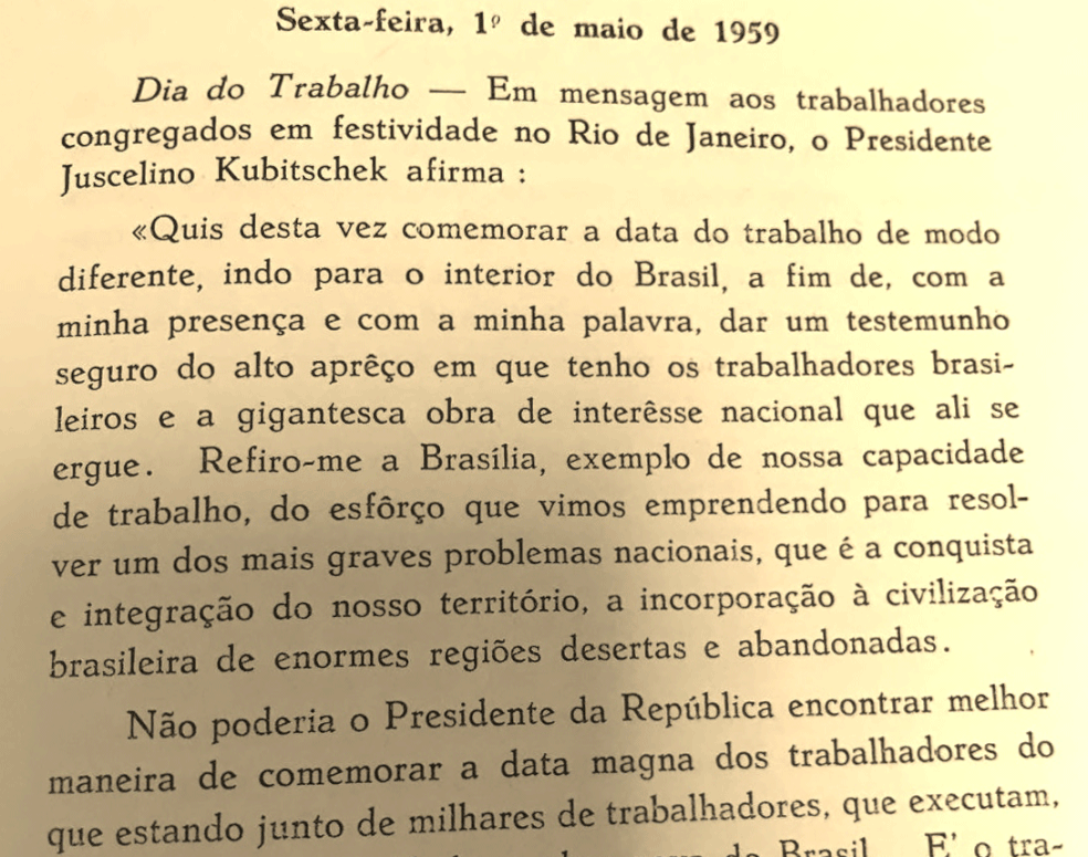 Trecho do discurso do presidente JK durante festa pelo Dia do Trabalhador em Brasília, antes da inauguração da capital (Foto: Arquivo Público DF/Fundo Novacap/Divulgação)