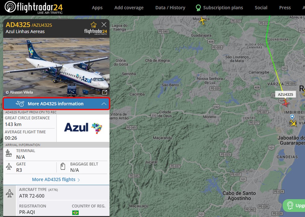 É possível encontrar informações detalhadas do voo — Foto: Reprodução/Rodrigo Fernandes