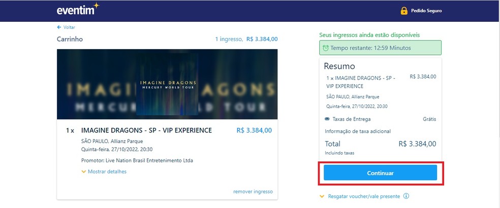Detalhes da compra de ingressos para o show do Imagine Dragons no site da Eventim &mdash; Foto: Reprodu&ccedil;&atilde;o/Gabrielle Garcia