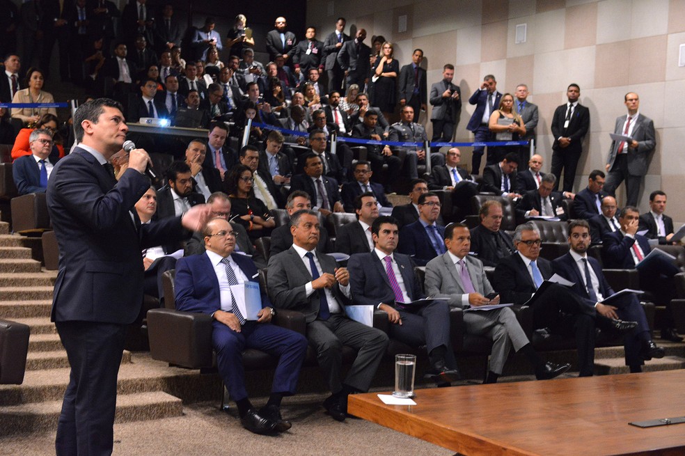 O ministro da JustiÃ§a e da SeguranÃ§a PÃºblica, SÃ©rgio Moro, durante apresentaÃ§Ã£o para governadores do pacote anticrime, no inÃ­cio do mÃªs â€” Foto: Isaac Amorim/MinistÃ©rio da JustiÃ§a e da SeguranÃ§a PÃºblica