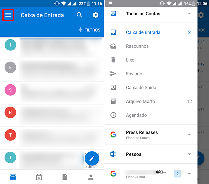 Outlook para Android pode mostrar contas do Google e da Microsoft juntas ou separadas (Foto: Reprodução/Elson de Souza)