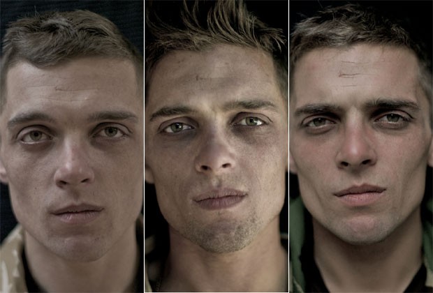 Antes, durante e depois: as marcas da guerra no rosto dos soldados -  olhos vermelhos, barbas e mais magros. Clique na imagem para ver a galeria completa (Foto: Lalage Snow)