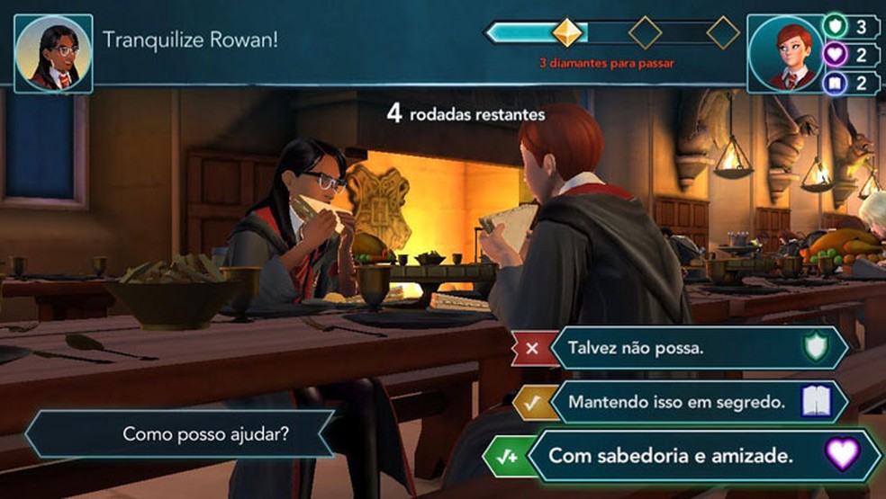 Erros e acertos nos diálogos mudam pontos, atributos e amizades em Harry Potter: Hogwarts Mystery (Foto: Reprodução/Tais Carvalho)