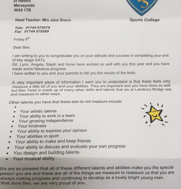 Carta que a escola de Ben enviou a ele após ser reprovado nos exames (Foto: Reprodução)