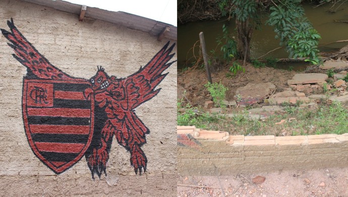 Desenho do Flamengo e muro que caiu depois da cheia do Rio Madeira (Foto: Hugo Crippa)