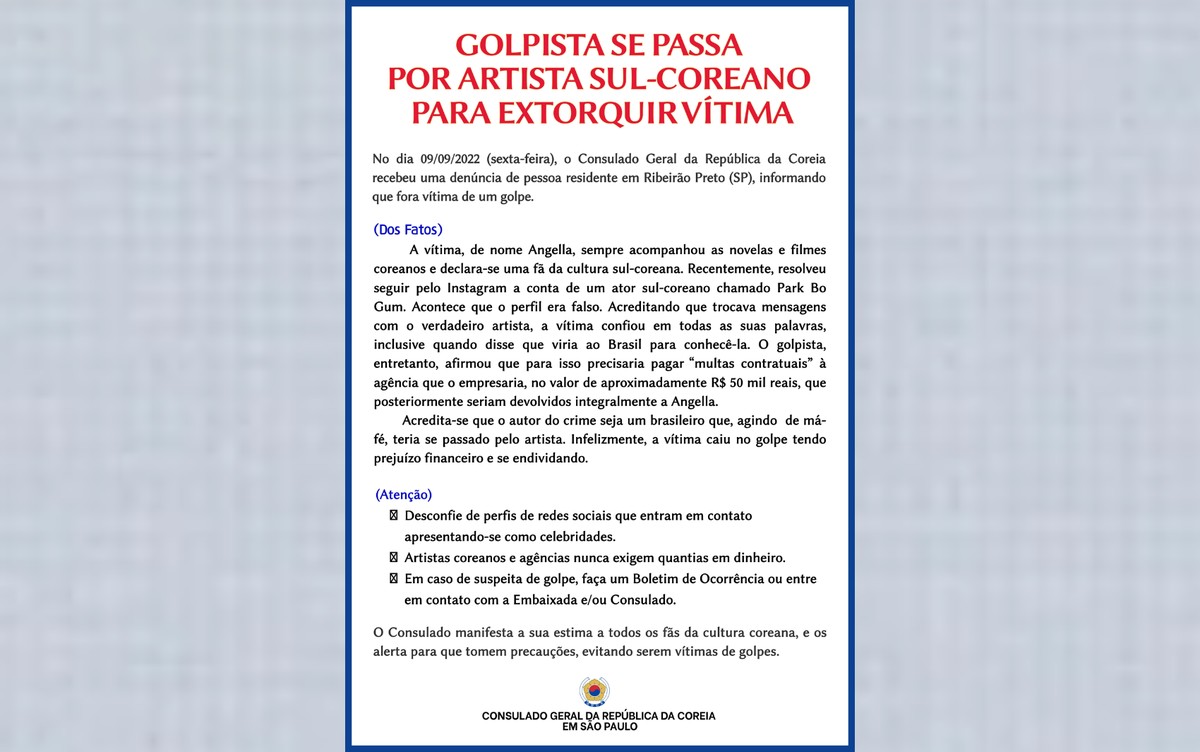 Brasileira cai em golpe aplicado em perfil falso de ator sul-coreano na  internet e consulado emite alerta | Ribeirão Preto e Franca | G1