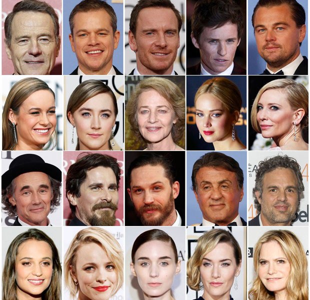 A partir do alto e da esquerda: Bryan Cranston, Matt Damon, Michael Fassbender, Eddie Redmayne, Leonardo DiCaprio, Brie Larson, Saoirse Ronan, Charlotte Rampling, Jennifer Lawrence, Cate Blanchett, Mark Rylance, Christian Bale, Tom Hardy, Sylvester Stallo (Foto: Reuters)