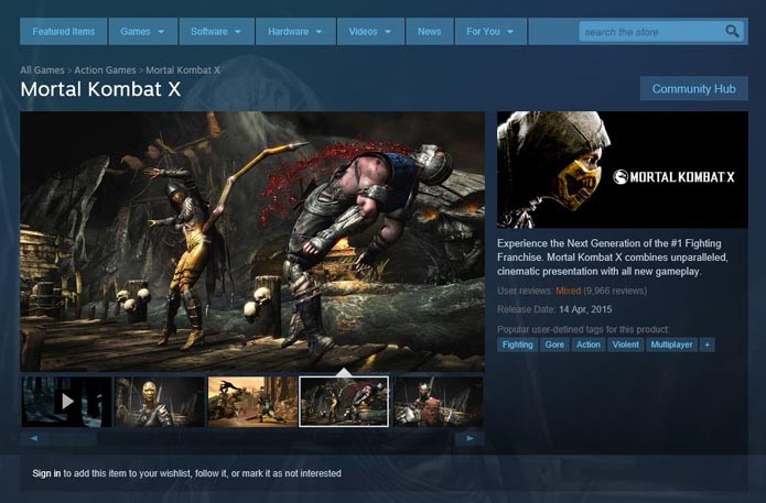 Tela de Mortal Kombat X no Steam (Foto: Reprodução/André Mello)
