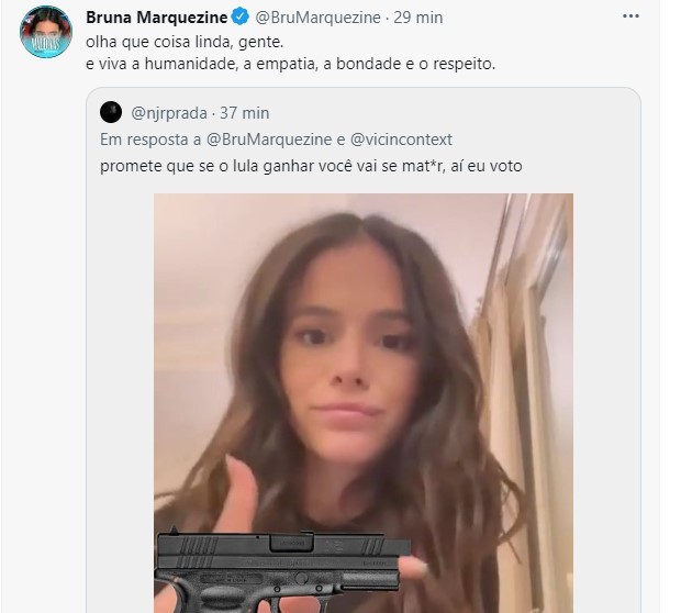 Bruna Marquezine rebate a ameaças nas redes (Foto: Reprodução/Twitter)
