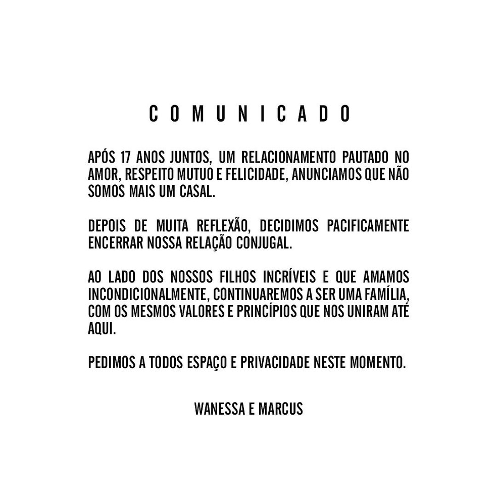 Wanessa Camargo anuncia separação de Marcus Buaiz após 17 anos de casamento — Foto: Reprodução/Instagram