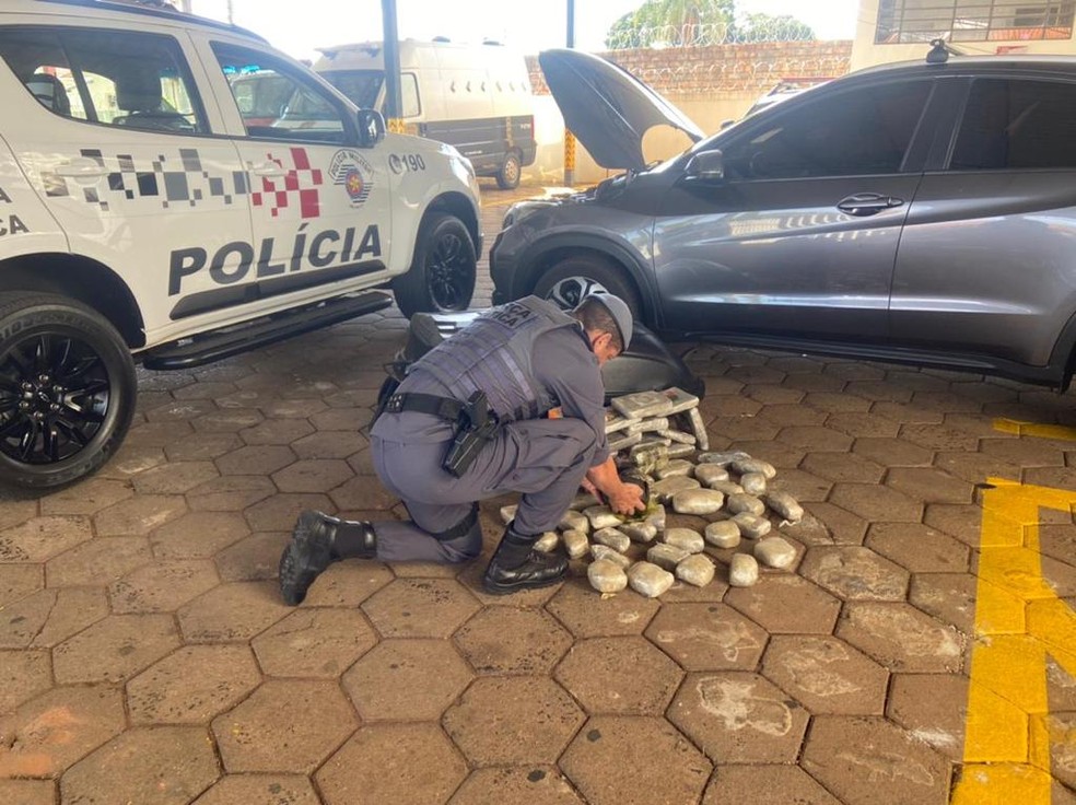 Polícia encontrou 50 tabletes de maconha, que totalizaram 18,9 kg da droga, além de 4 quilos de haxixe em Pardinho — Foto: Polícia Militar/Divulgação