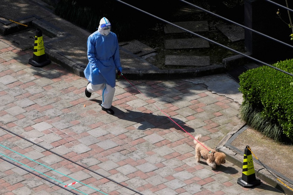 Em roupa de prote&ccedil;&atilde;o especial, homem passeia com cachorro em rua de Xangai, onde 25 milh&otilde;es de pessoas est&atilde;o confinadas &mdash; Foto: Aly Song/ Reuters 