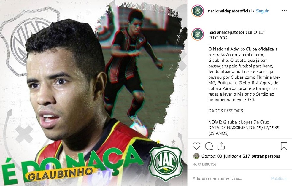 Glaubinho foi anunciado nesta quarta-feira � Foto: Reprodu��o / Instagram