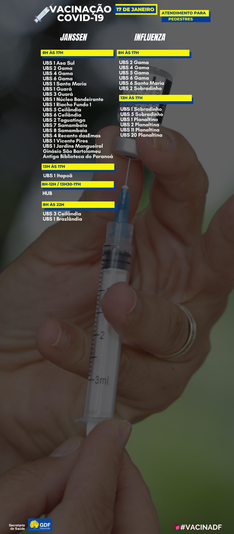 Veja postos para vacinação contra Covid-19 e gripe no DF nesta segunda-feira (17) — Foto: SES-DF/Reprodução
