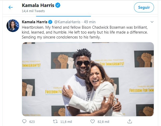 Kamala Harris lamenta morte de Chadwick Boseman (Foto: Reprodução/Twitter)