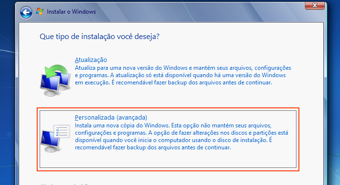 Escolhendo a instala??o Personalizada do Windows 7 (Foto: Reprodu??o/Edivaldo Brito)