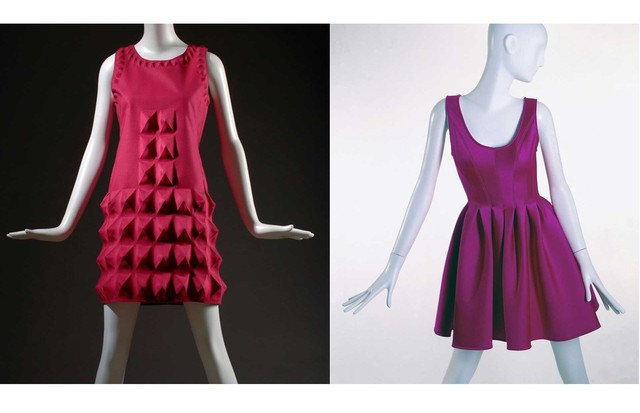 Left: The Pierre Cardin "Dynel (Cardine)" dress with egg-carton effect, 1968. Gift of Lauren Bacall. Right: A neoprene and nylon dress by DKNY, 1994. Gift of DKNY (Foto: © THE MUSEUM AT FIT)