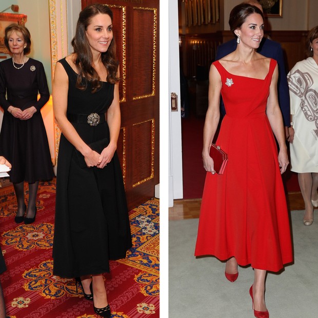 À esquerda, o vestido Preen usado na noite de terça-feira (22.11); à direita, a versão vermelha usada em setembro (Foto: Getty Images)