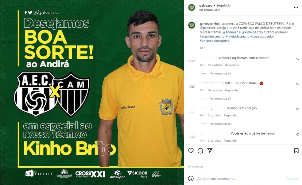 Técnico Kinho é criticado nas redes sociais do Galvez — Foto: Reprodução/Instagram