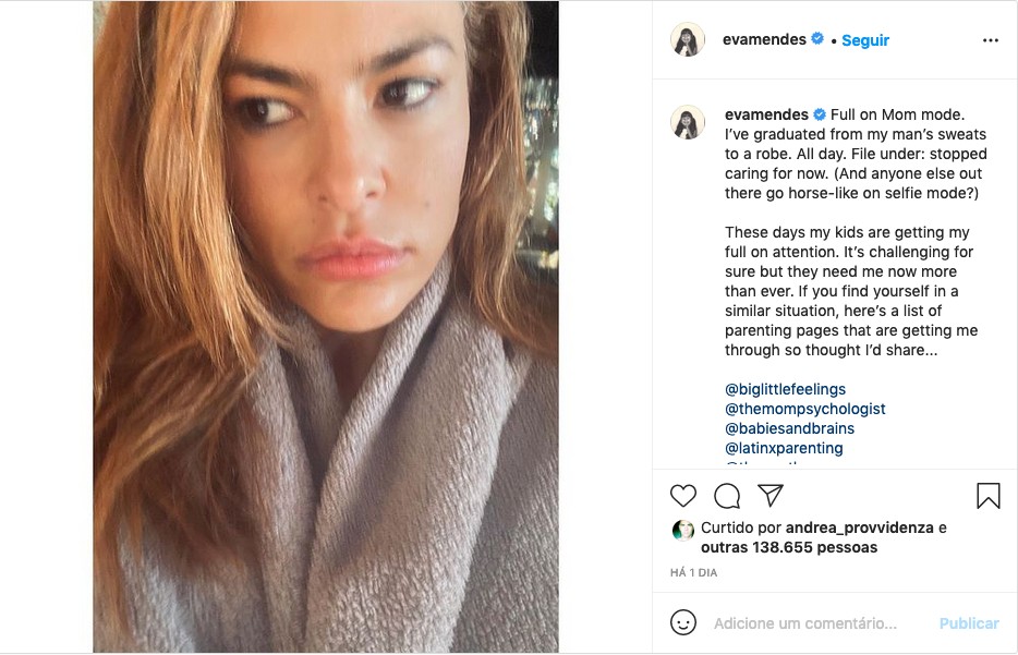 O post no qual a atriz Eva Mendes expôs sua dificuldade em cuidar das filhas na pandemia (Foto: Instagram)