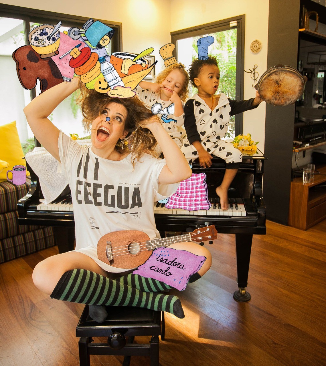 Isadora Canto em divulgação de 'Vida de Mãe' (Foto: Fernanda Hernandez / Ilustração: Ana Jarén)