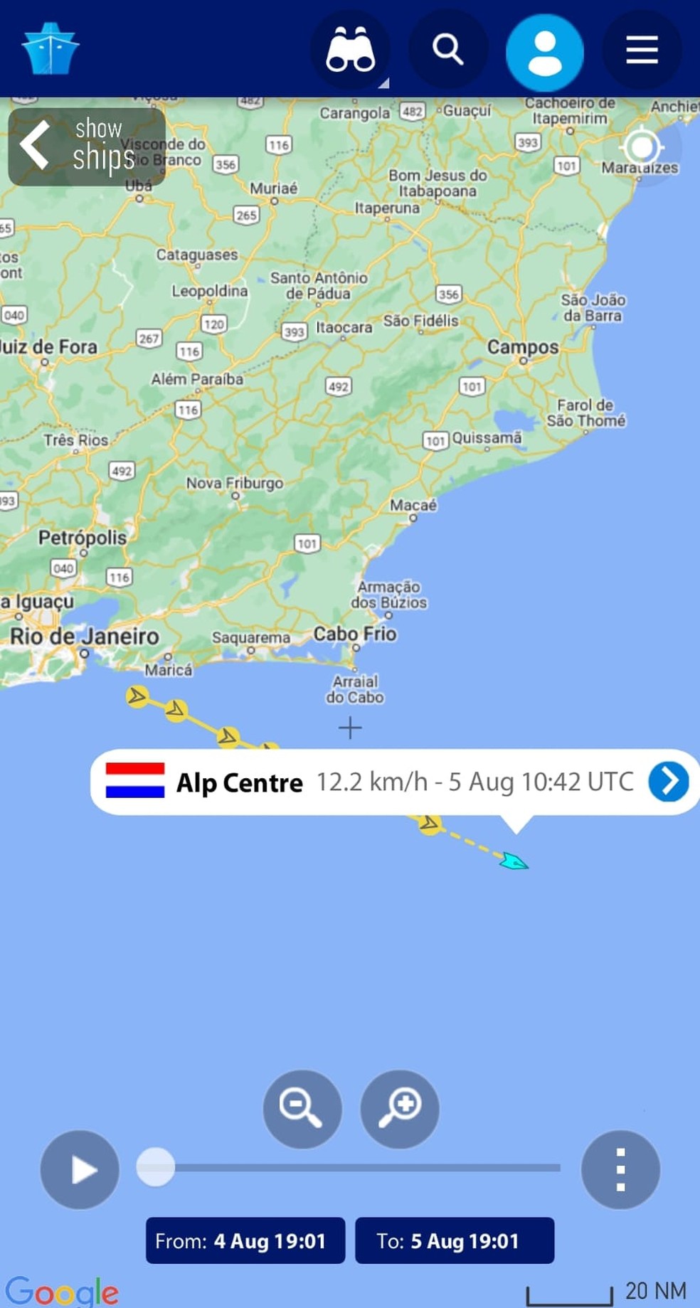 Monitoramento por GPS aponta localização da rebocadora holandesa, responsável por transportar o porta-aviões, já próximo do fim da área marítima brasileira — Foto: Reprodução