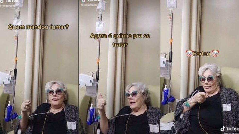 Vídeo gravado por aposentada durante a quimioterapia viralizou no TikTok — Foto: REPRODUÇÃO/TIKTOK/BBC