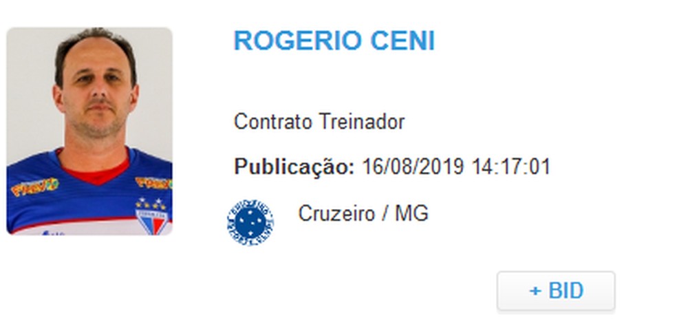 Rogério Ceni tem nome publicado no BID  e estreia pelo Cruzeiro no domingo — Foto: Reprodução/ BID CBF