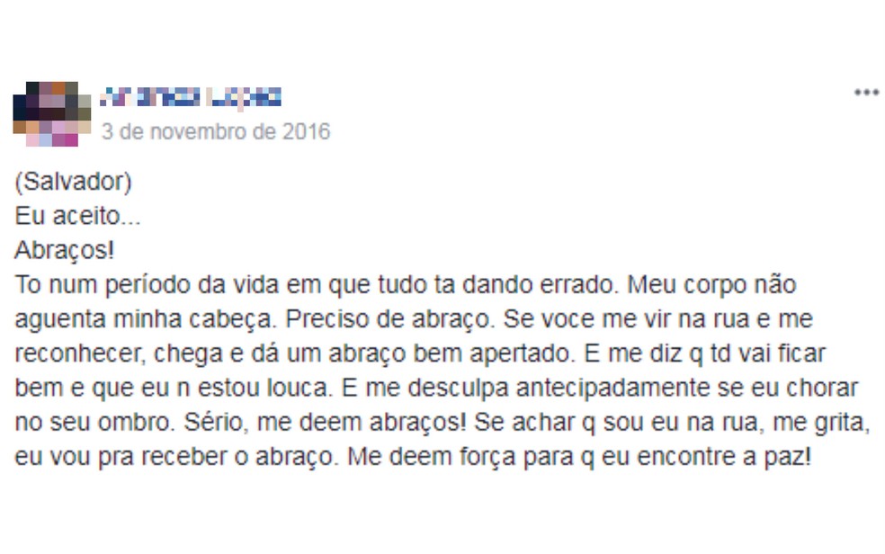 Abraços e orações são pedidos frequentes no grupo (Foto: Reprodução/Facebook)